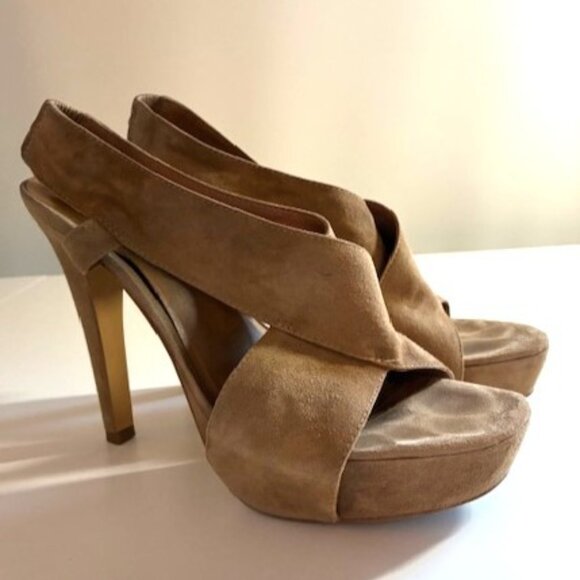 DvF Zia Camel Suede Platform Criss Cross Sandal | 4.5" Heel; 3” Pitch| Sz 8.5 - Picture 7 of 16